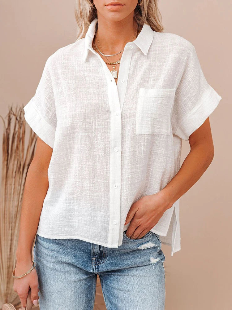 Short-Sleeve Linen Blouse White