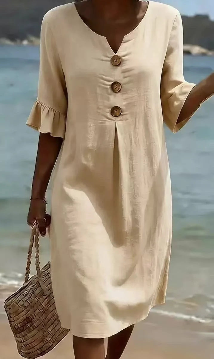Linen Shirt Dress with Wooden Buttons Sand